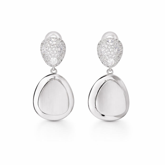 Silver Pebble Drop Earrings with Pavé Top