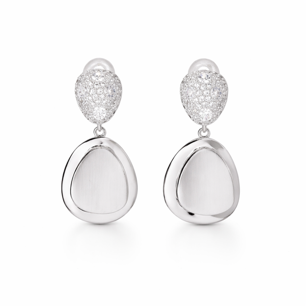 Silver Pebble Drop Earrings with Pavé Top
