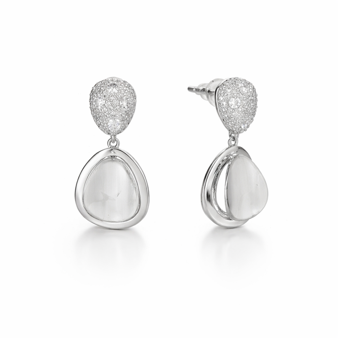 Silver Pebble Drop Earrings with Pavé Top