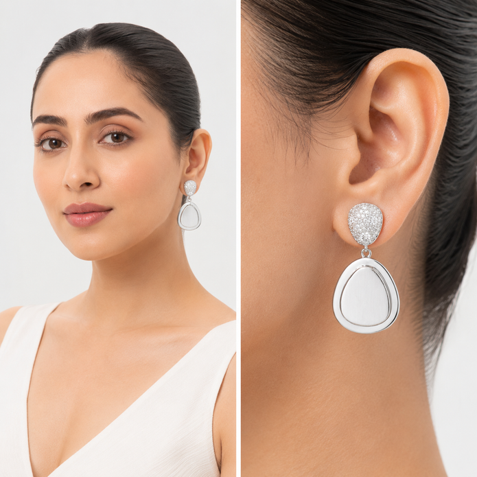 Silver Pebble Drop Earrings with Pavé Top