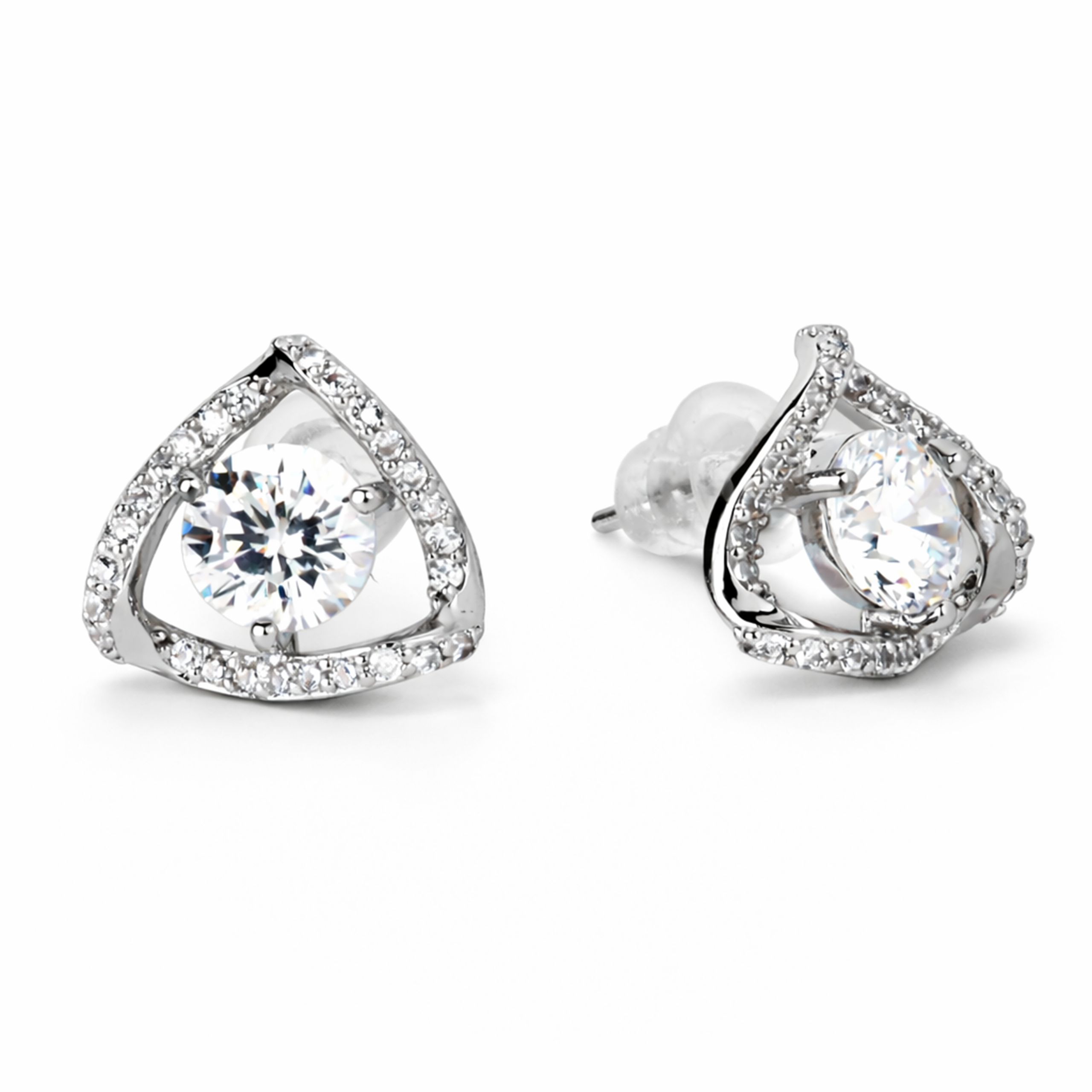 Clear Round CZ Trillion Halo Stud Earrings