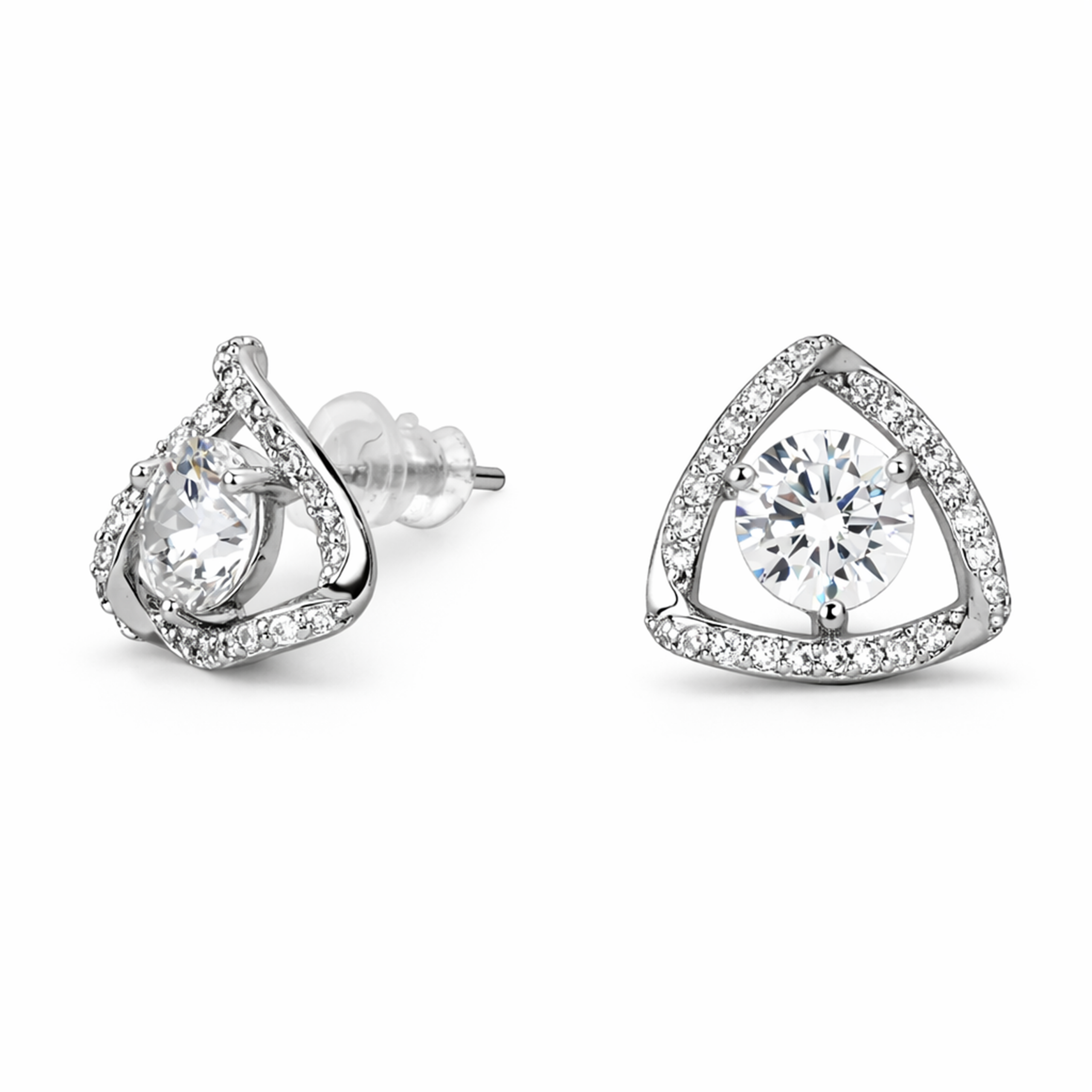 Clear Round CZ Trillion Halo Stud Earrings