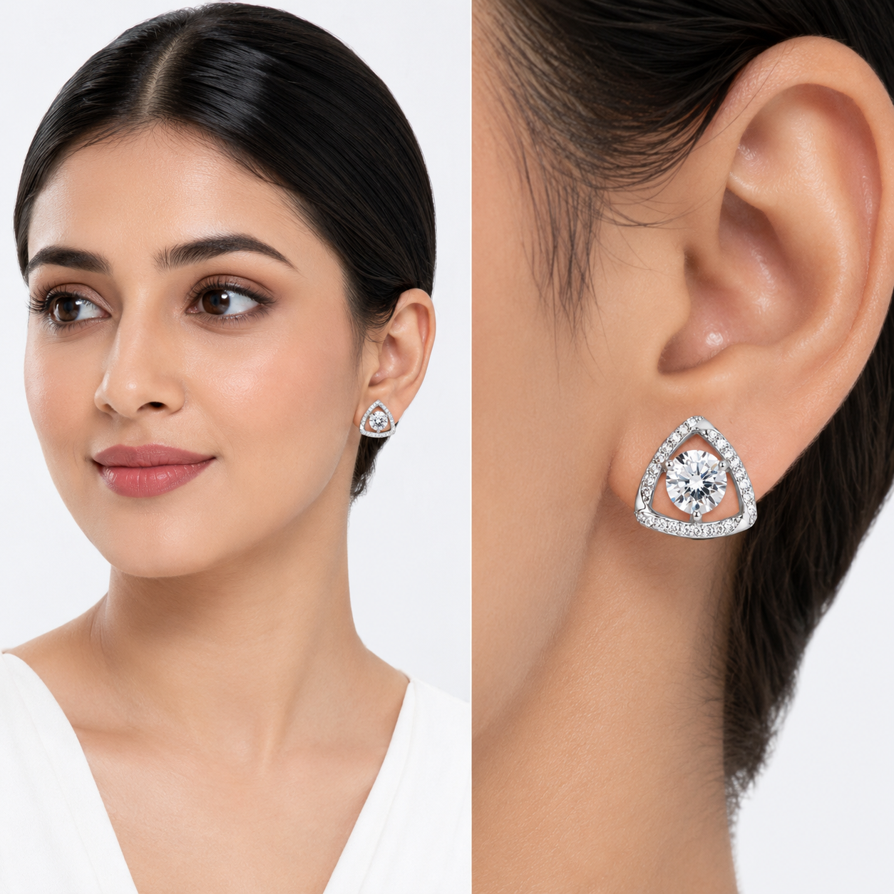 Clear Round CZ Trillion Halo Stud Earrings