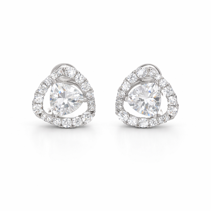 Clear Trillion-Cut CZ Halo Stud Earrings
