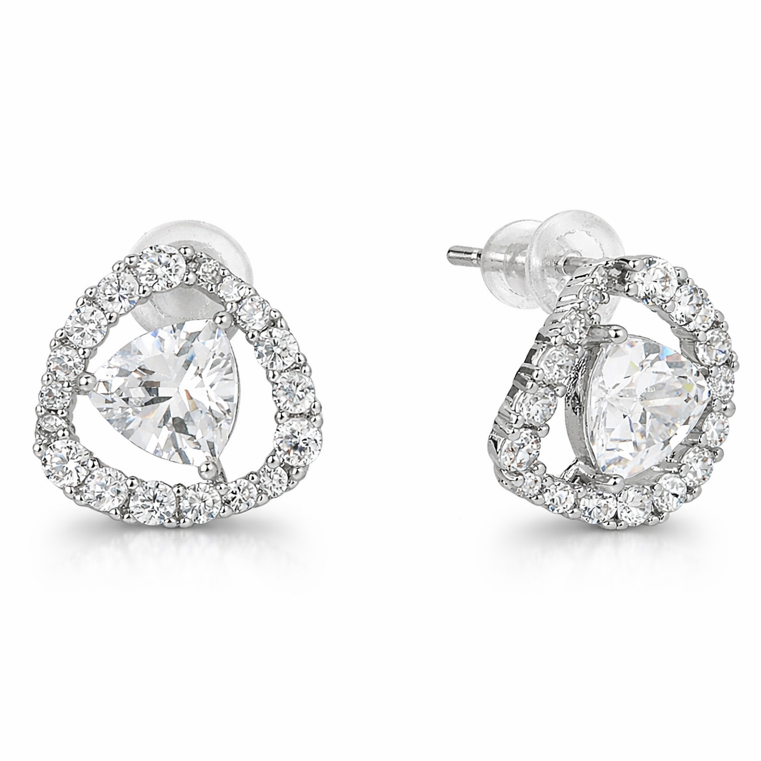 Clear Trillion-Cut CZ Halo Stud Earrings