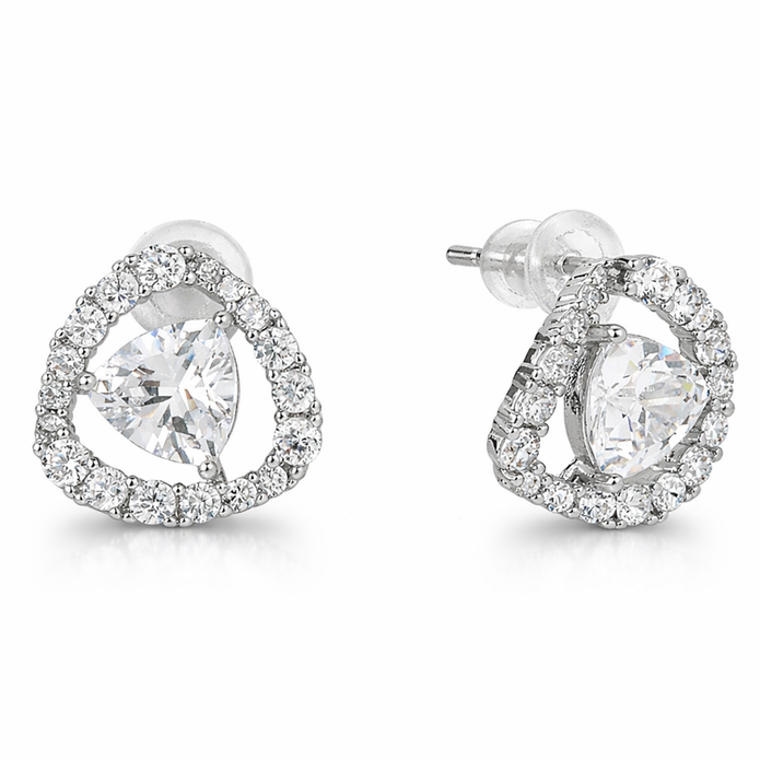 Clear Trillion-Cut CZ Halo Stud Earrings