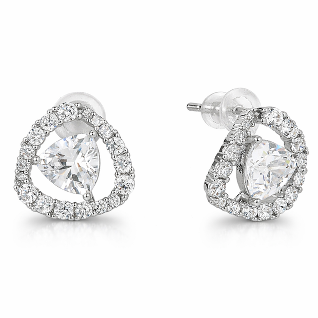 Clear Trillion-Cut CZ Halo Stud Earrings