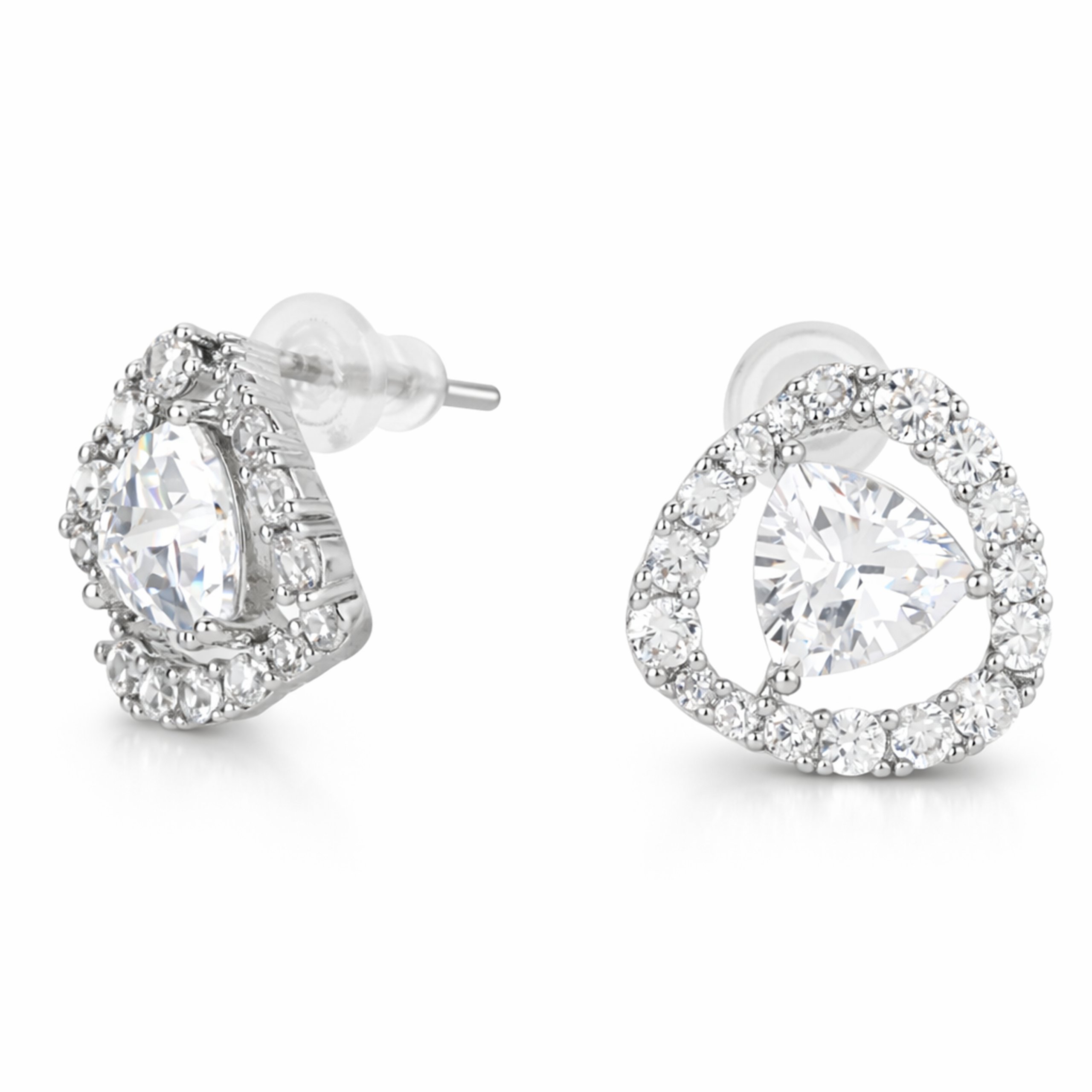 Clear Trillion-Cut CZ Halo Stud Earrings