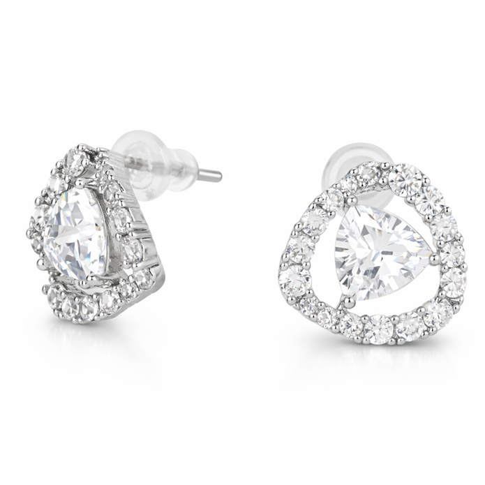 Clear Trillion-Cut CZ Halo Stud Earrings