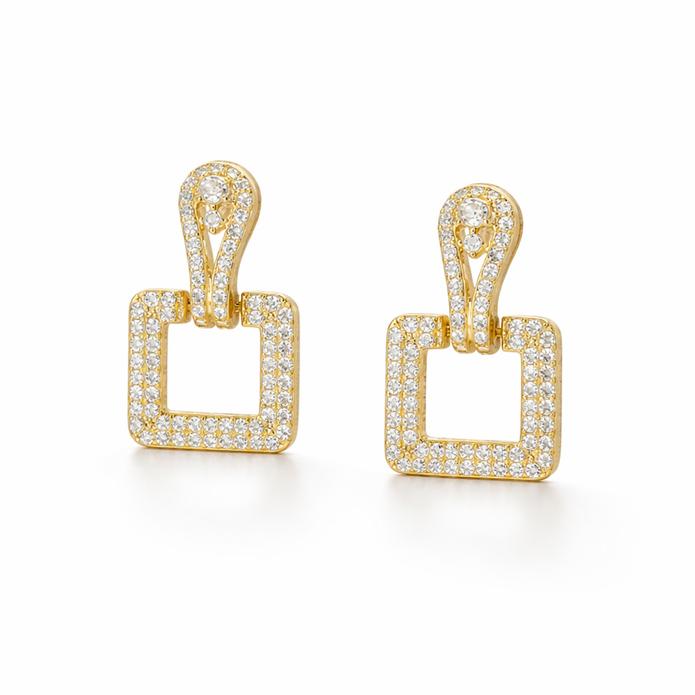 Pavé Square Door-Knocker Drop Earrings — Gold or Silver - Gold