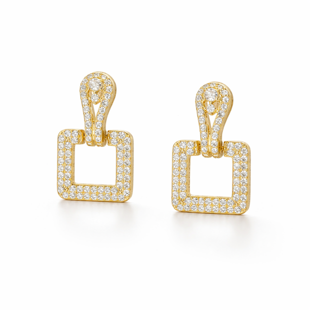 Pavé Square Door-Knocker Drop Earrings — Gold or Silver - Gold