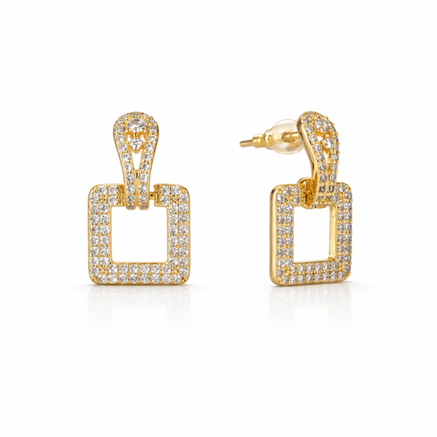 Pavé Square Door-Knocker Drop Earrings — Gold or Silver - Gold
