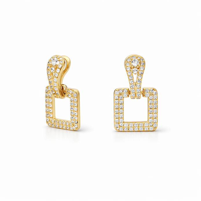Pavé Square Door-Knocker Drop Earrings — Gold or Silver - Gold