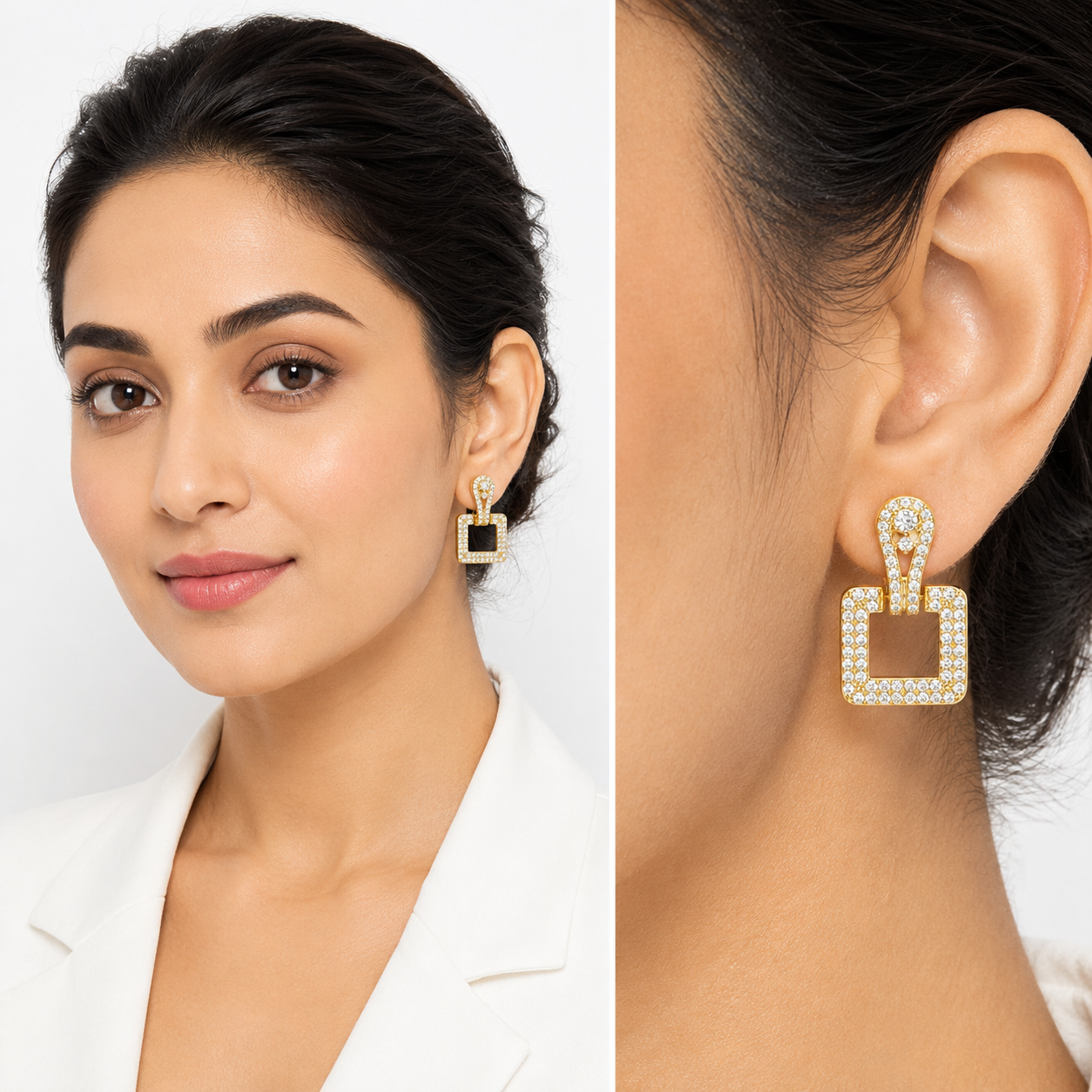 Pavé Square Door-Knocker Drop Earrings — Gold or Silver - Gold
