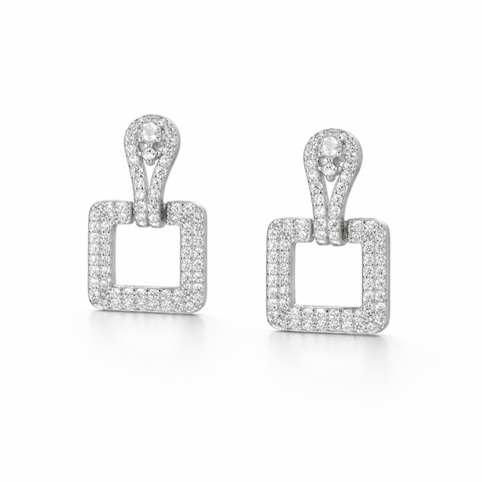 Pavé Square Door-Knocker Drop Earrings — Gold or Silver - Silver