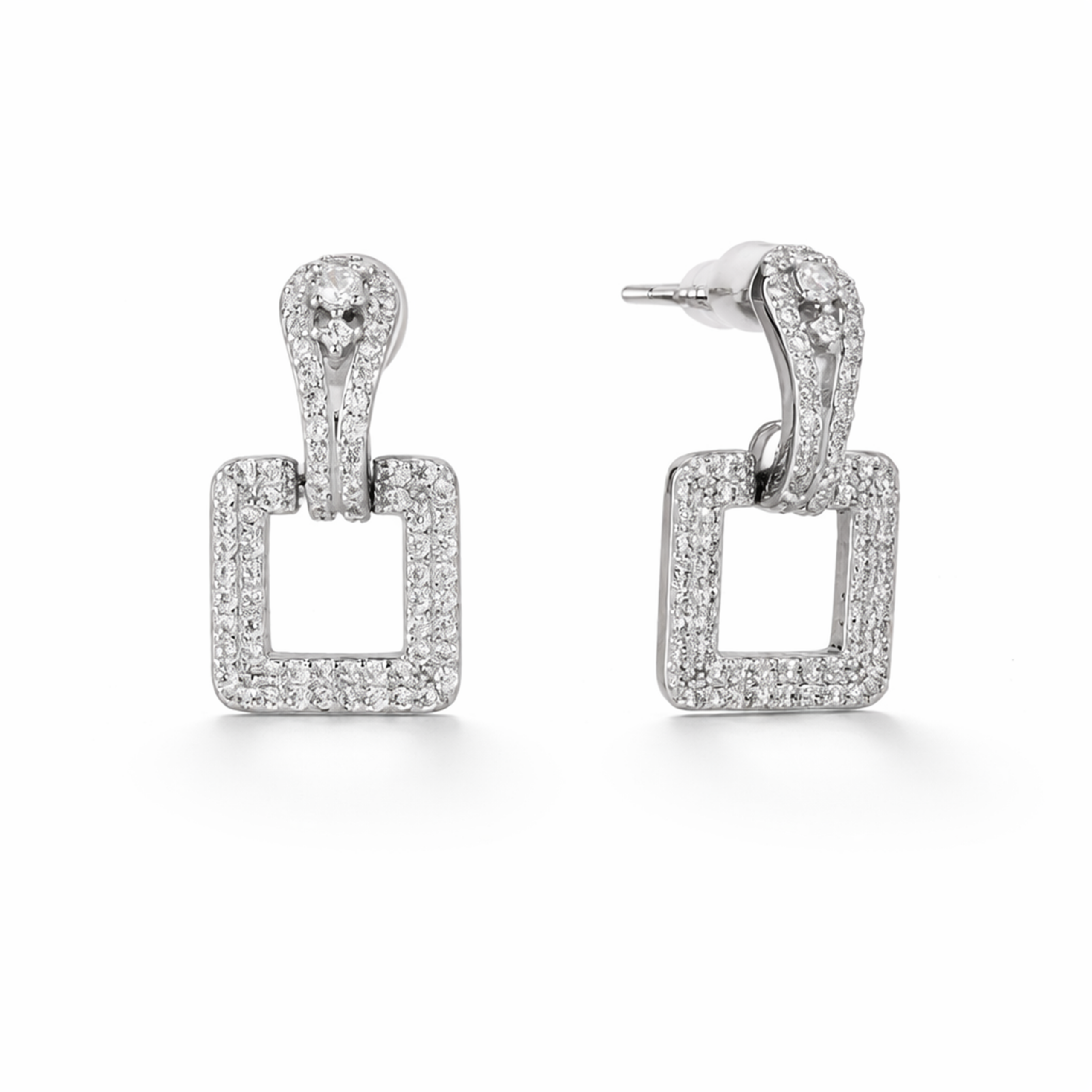 Pavé Square Door-Knocker Drop Earrings — Gold or Silver - Silver