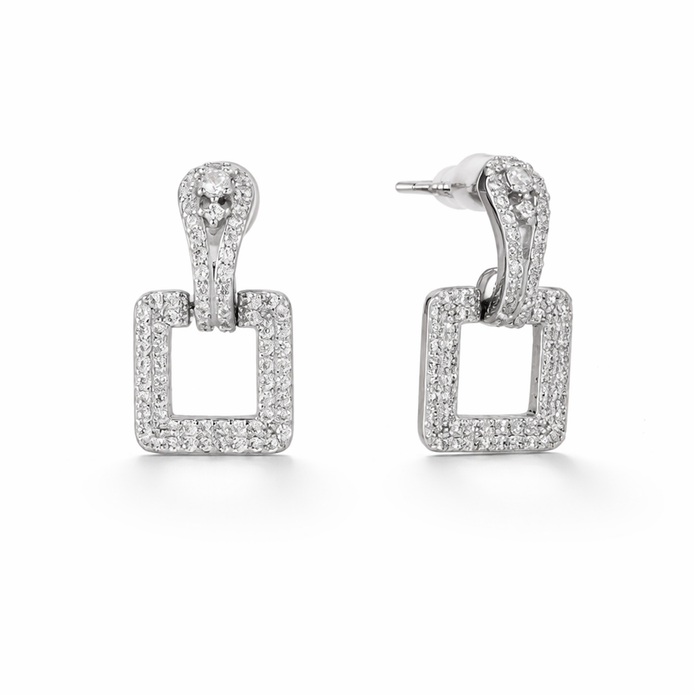 Pavé Square Door-Knocker Drop Earrings — Gold or Silver - Silver