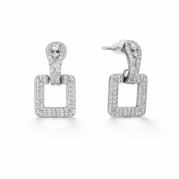 Pavé Square Door-Knocker Drop Earrings — Gold or Silver - Silver