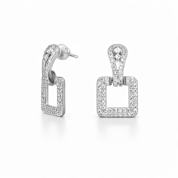 Pavé Square Door-Knocker Drop Earrings — Gold or Silver - Silver