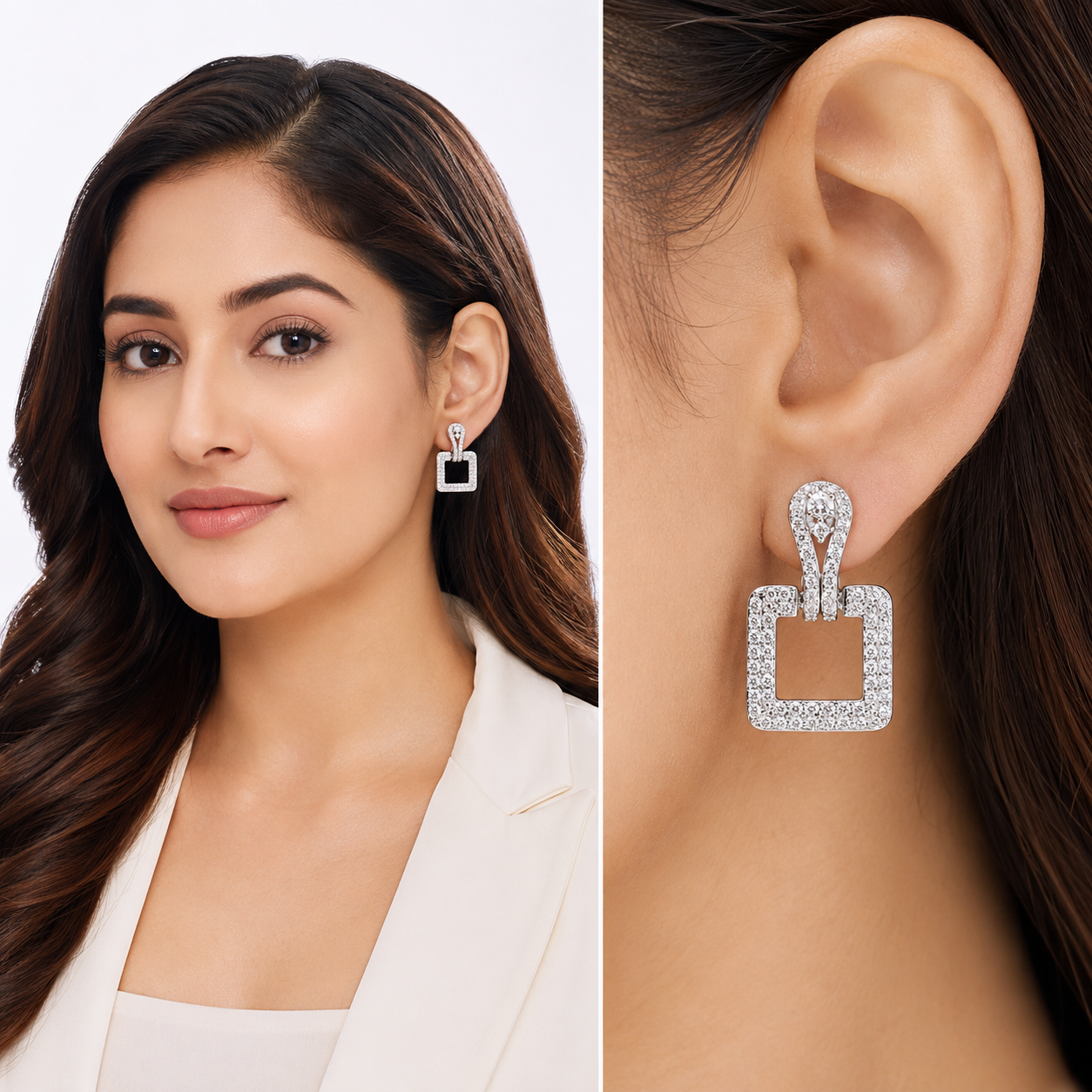 Pavé Square Door-Knocker Drop Earrings — Gold or Silver - Silver