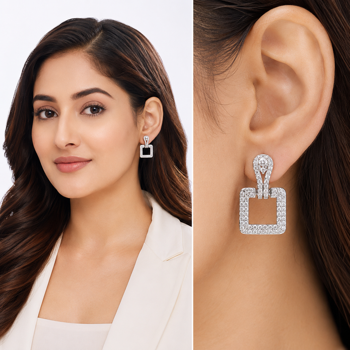 Pavé Square Door-Knocker Drop Earrings — Gold or Silver - Silver