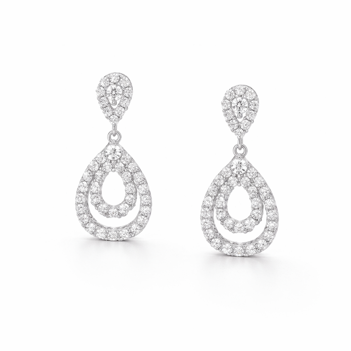 Clear Pavé Double-Halo Teardrop Drop Earrings