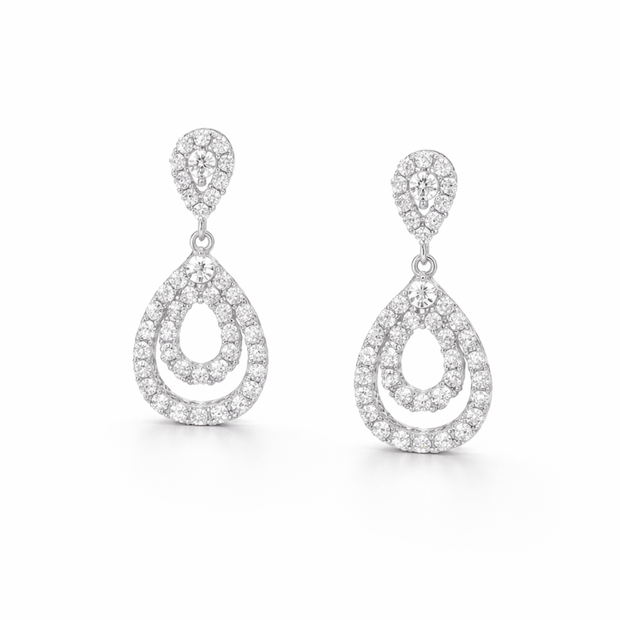 Clear Pavé Double-Halo Teardrop Drop Earrings