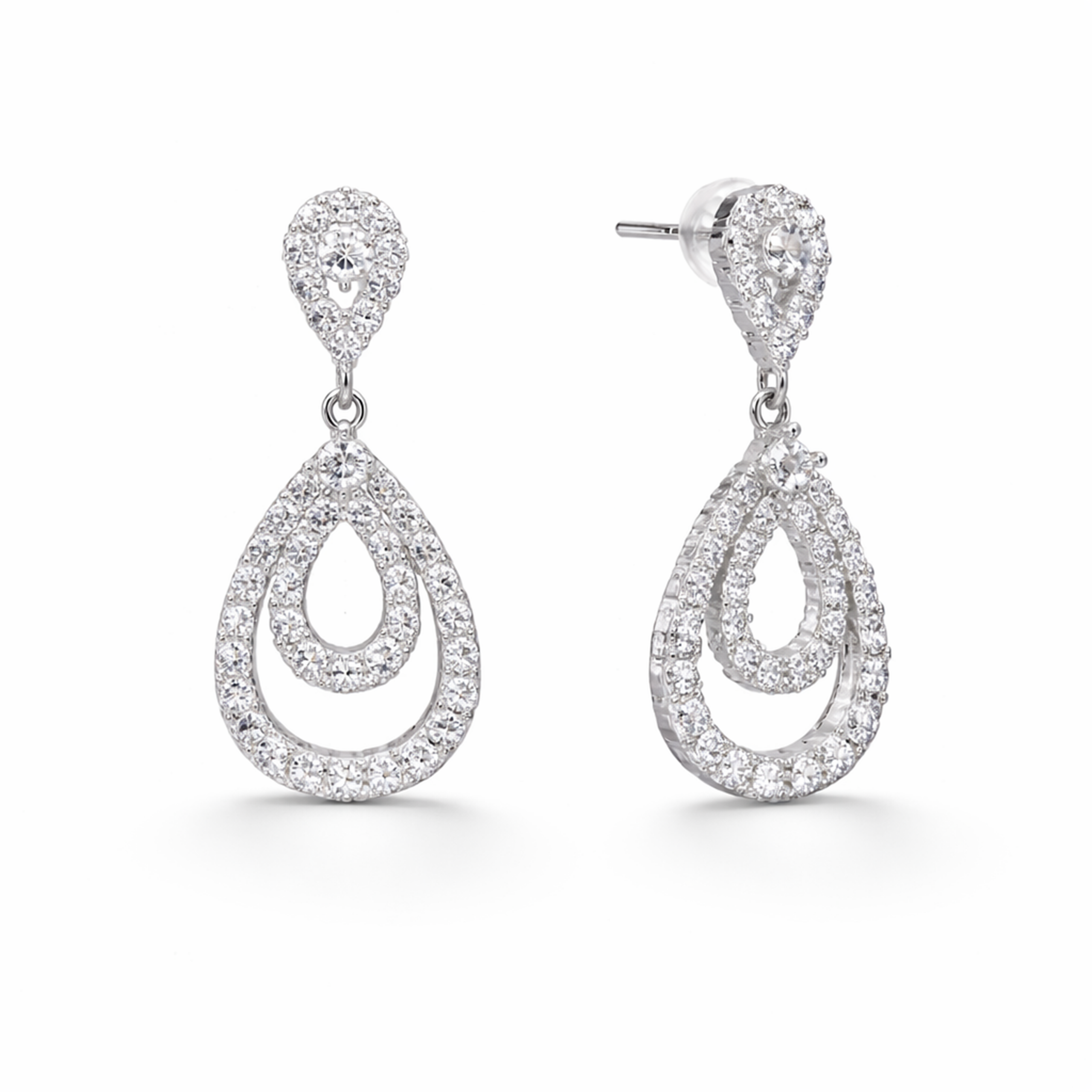 Clear Pavé Double-Halo Teardrop Drop Earrings