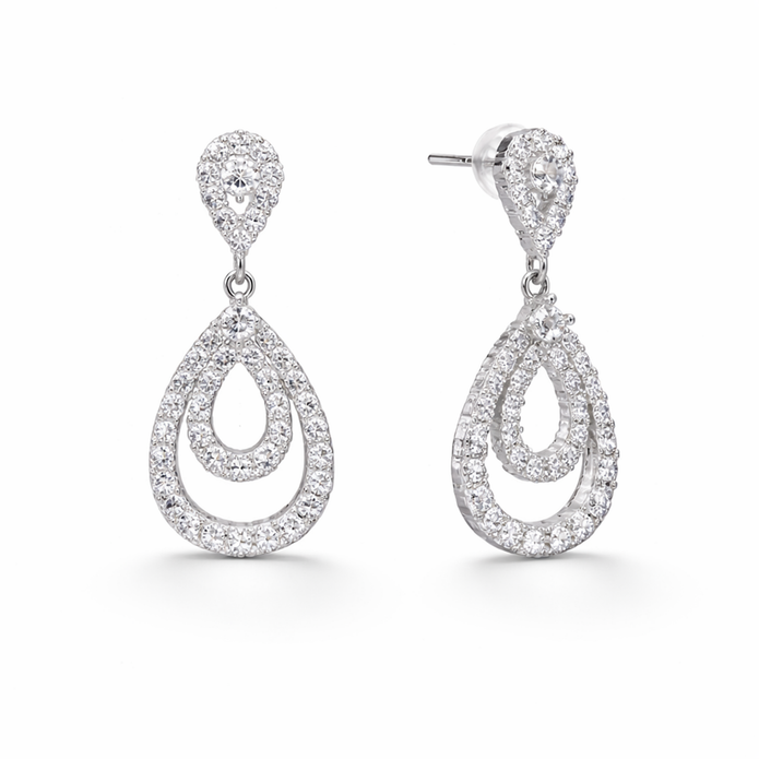 Clear Pavé Double-Halo Teardrop Drop Earrings