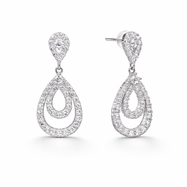 Clear Pavé Double-Halo Teardrop Drop Earrings