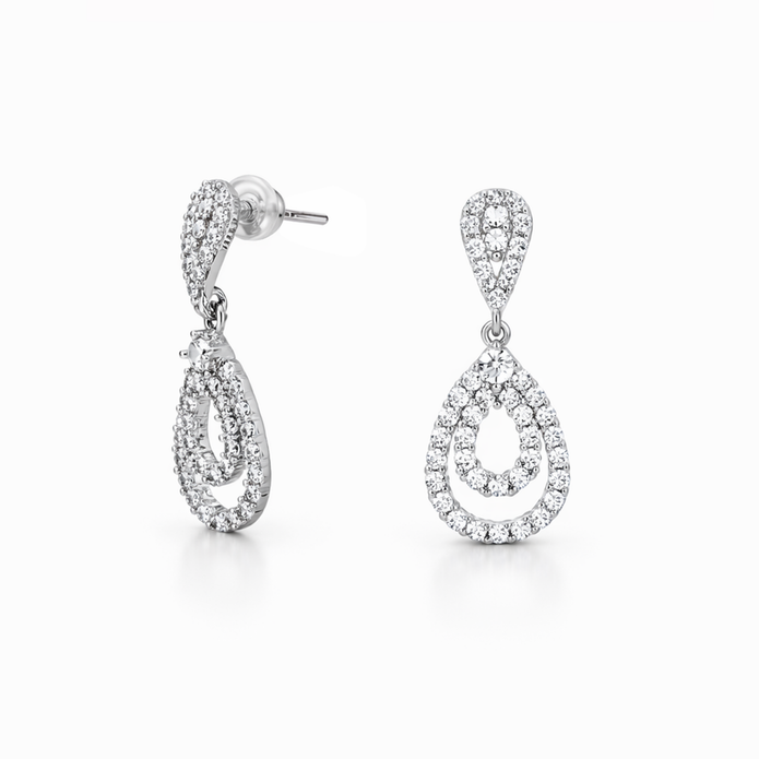 Clear Pavé Double-Halo Teardrop Drop Earrings