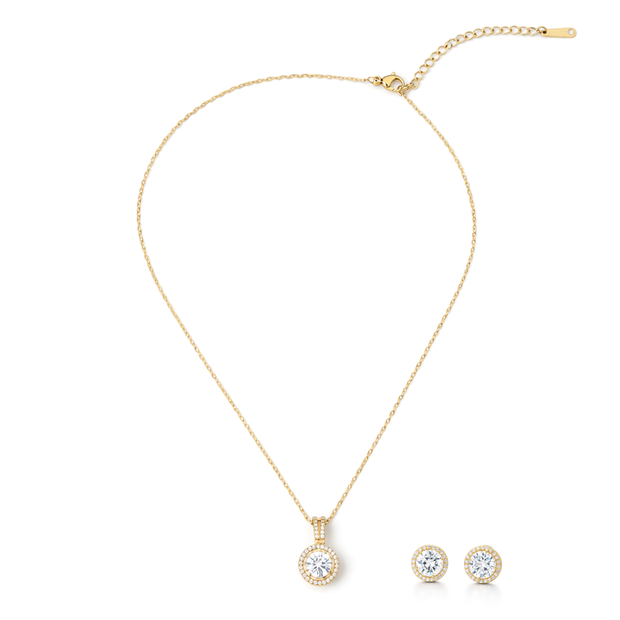 Gold-Tone Round Halo Crystal Pendant Necklace Set — Gold / Clear - Gold