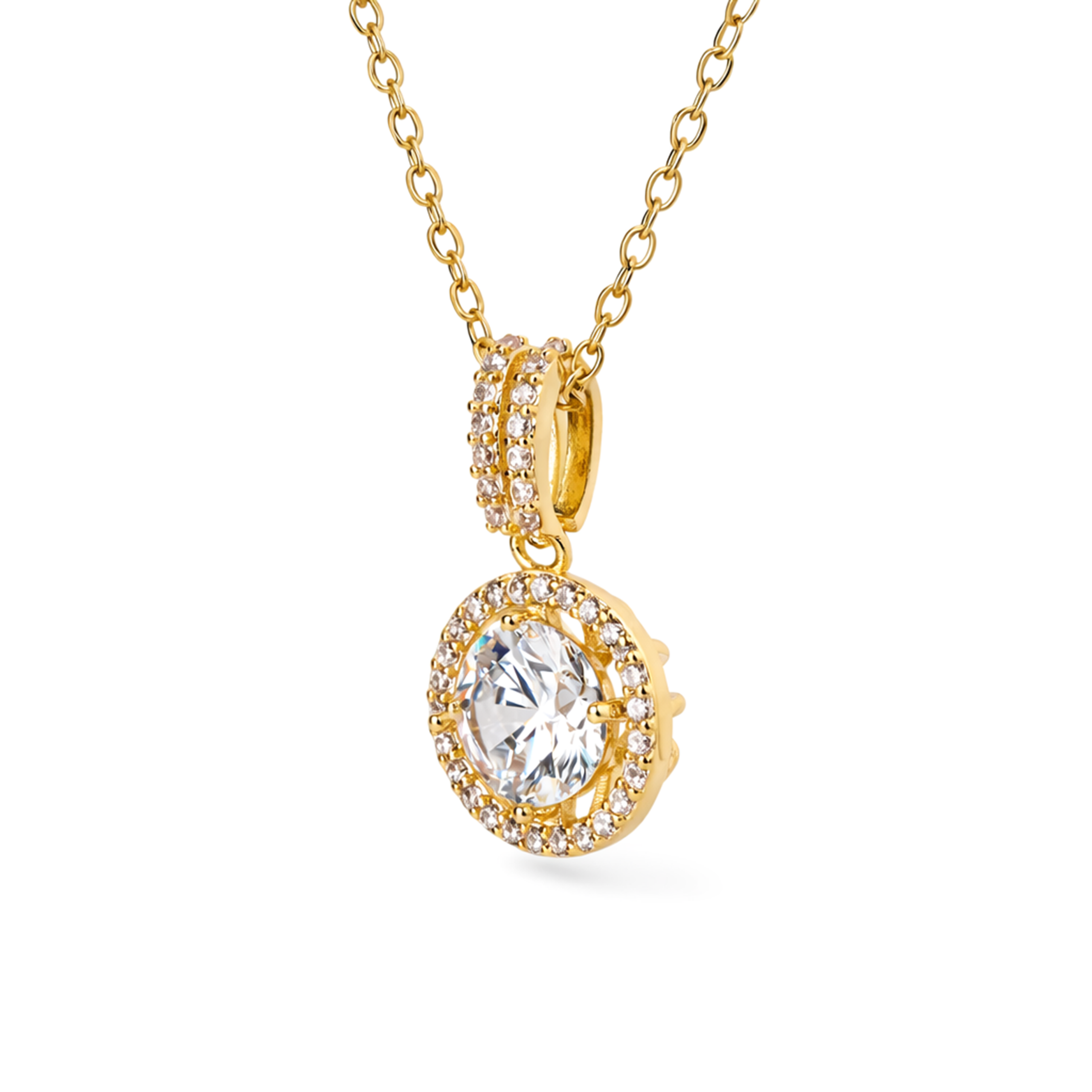 Gold-Tone Round Halo Crystal Pendant Necklace Set — Gold / Clear - Gold