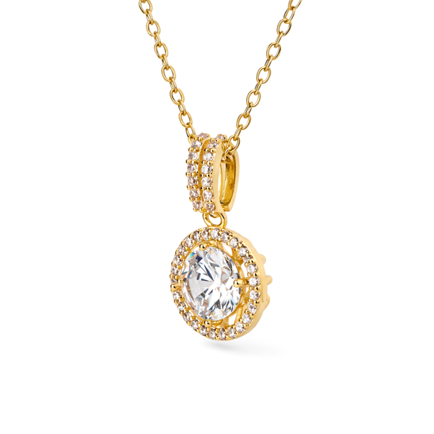 Gold-Tone Round Halo Crystal Pendant Necklace Set — Gold / Clear - Gold