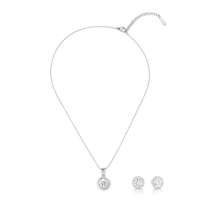 Gold-Tone Round Halo Crystal Pendant Necklace Set — Gold / Clear - Clear