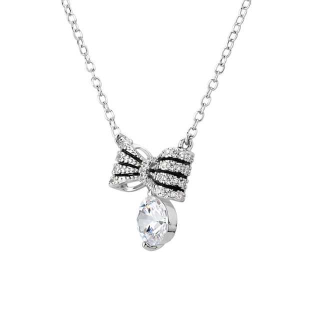 Silver Crystal Bow Pendant Necklace Set