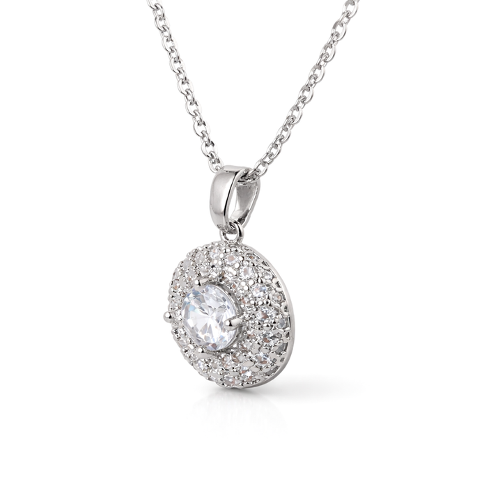 Silver Brilliant Round Halo Pendant Necklace Set