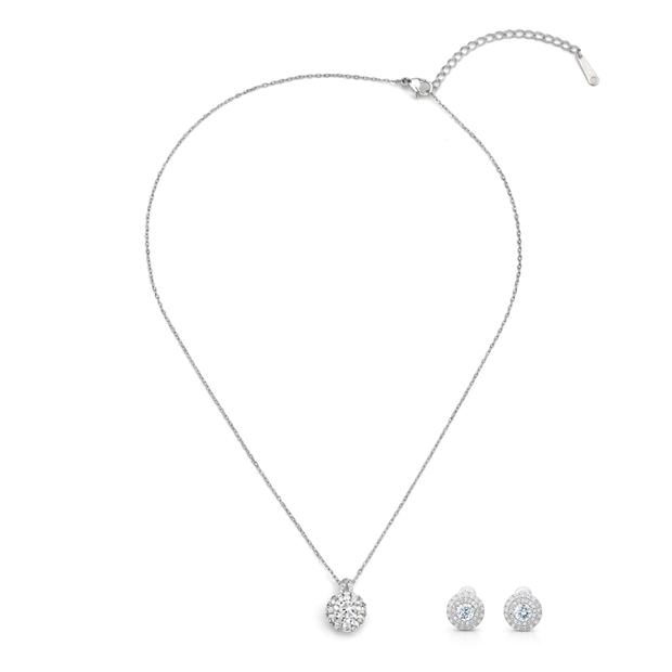 Silver Oval Crystal Halo Pendant Necklace Set