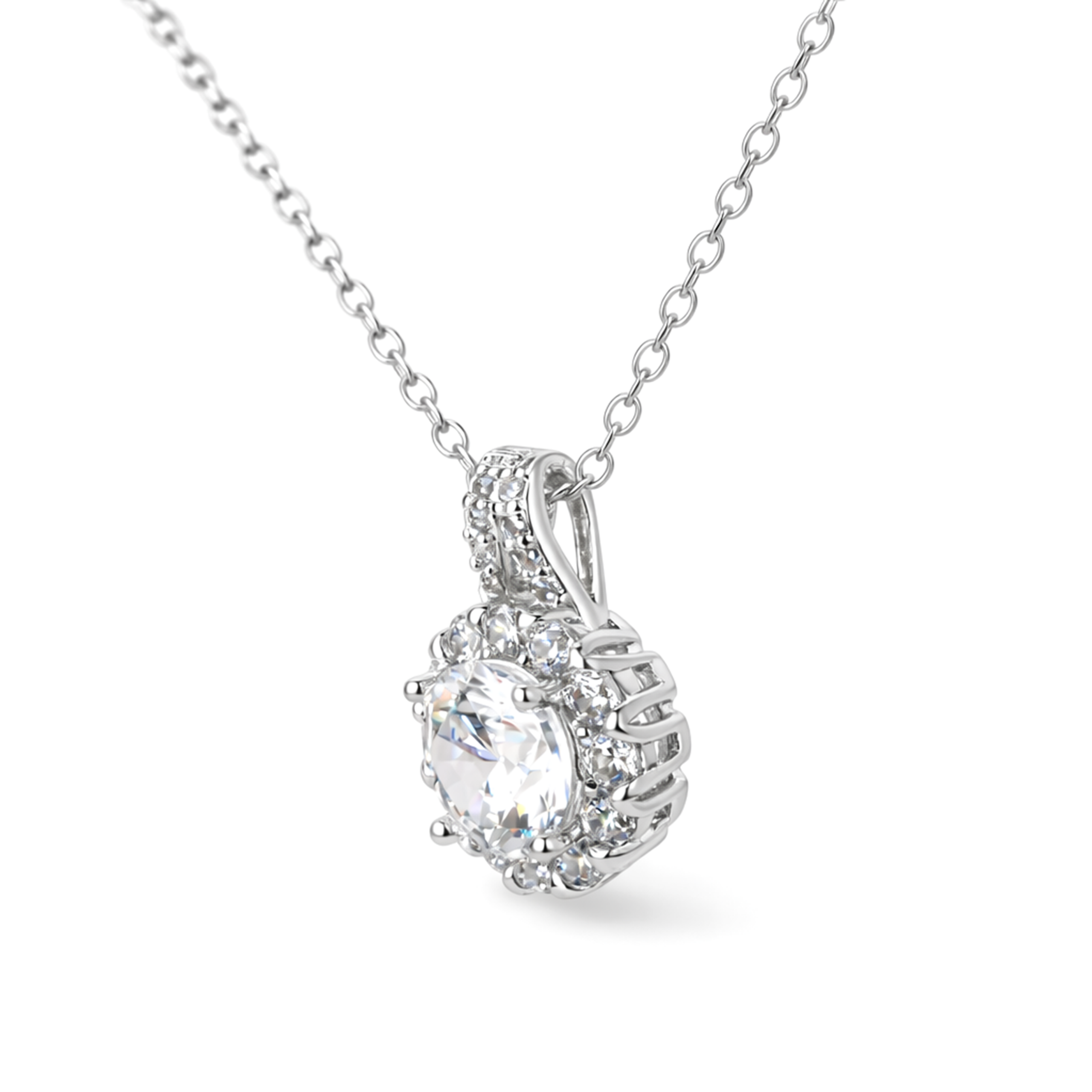Silver Oval Crystal Halo Pendant Necklace Set