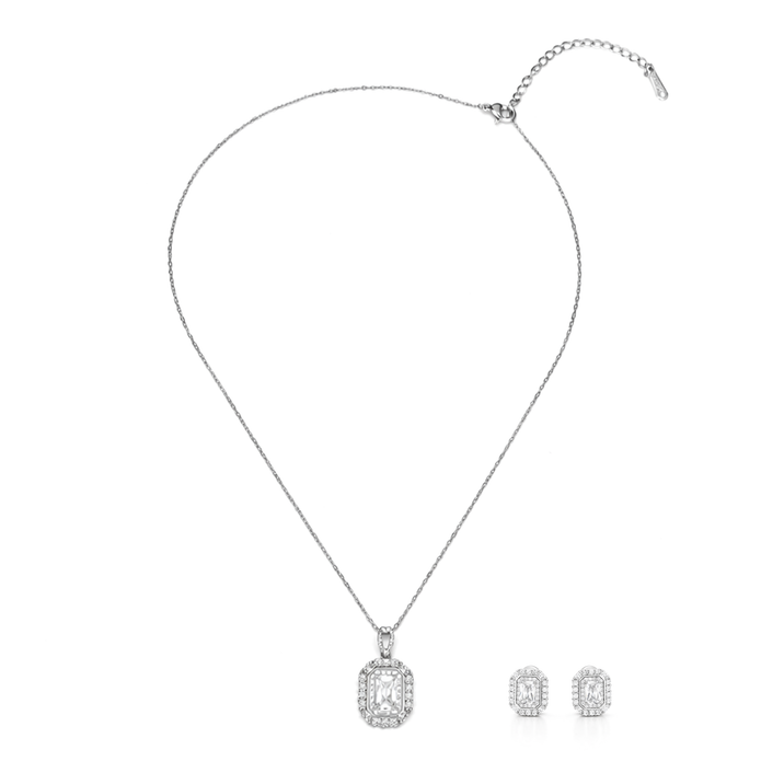 Silver Emerald-Cut Crystal Pendant Necklace Set