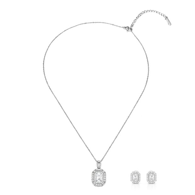 Silver Emerald-Cut Crystal Pendant Necklace Set
