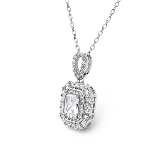 Silver Emerald-Cut Crystal Pendant Necklace Set
