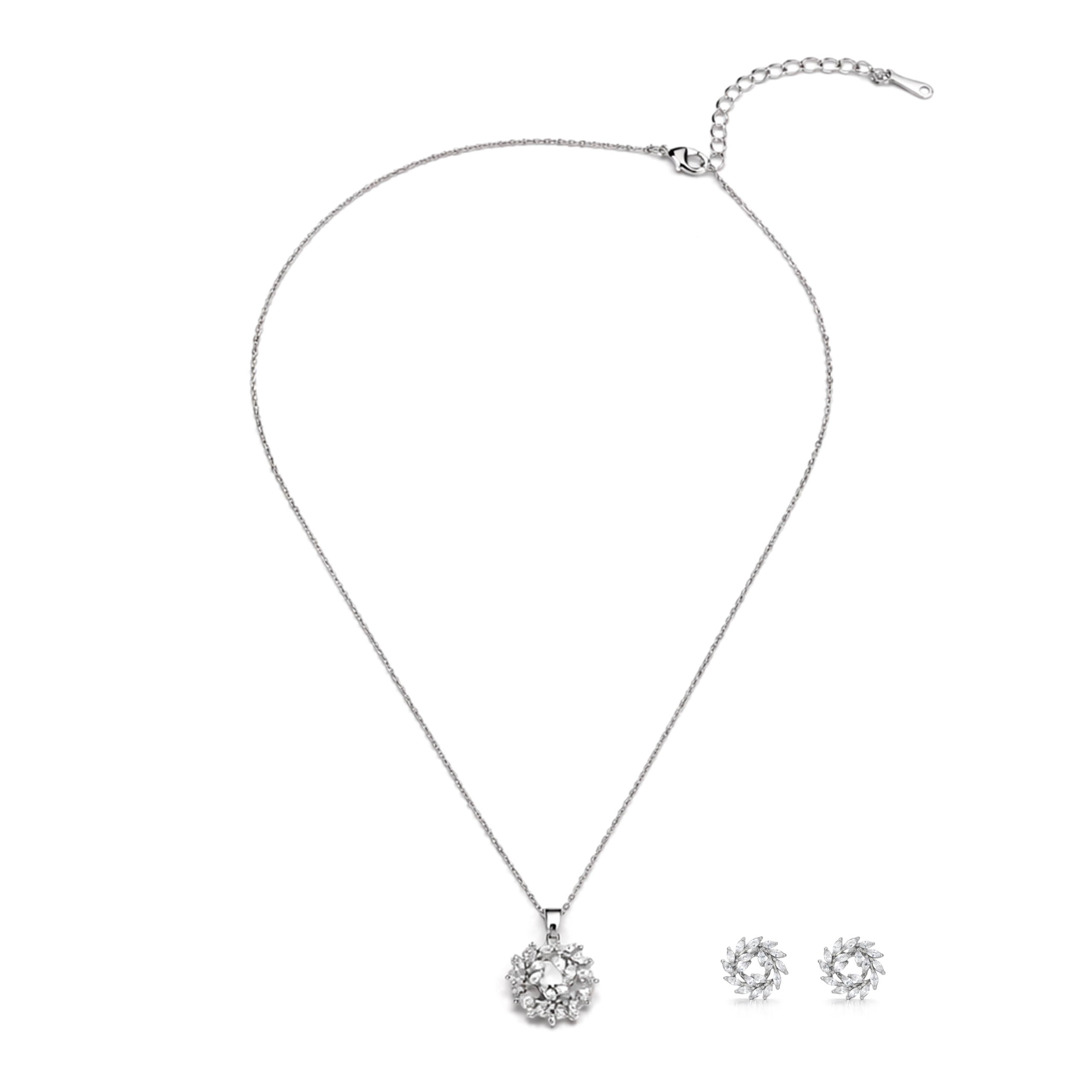Silver Sunburst Halo Crystal Pendant Necklace Set