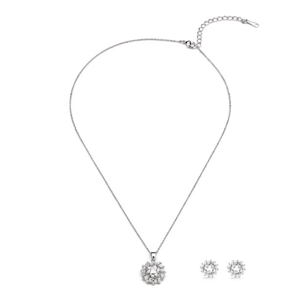 Silver Sunburst Halo Crystal Pendant Necklace Set
