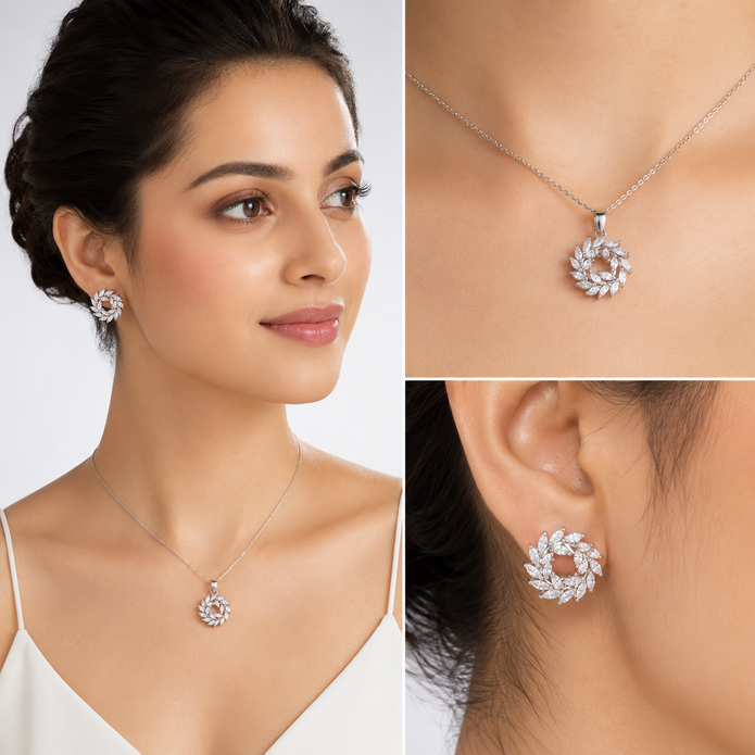 Silver Sunburst Halo Crystal Pendant Necklace Set