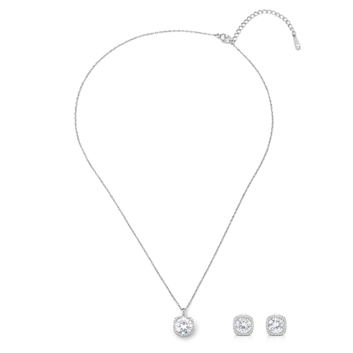 Silver Cushion-Cut Halo Crystal Pendant Set