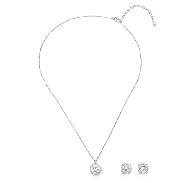Silver Cushion-Cut Halo Crystal Pendant Set