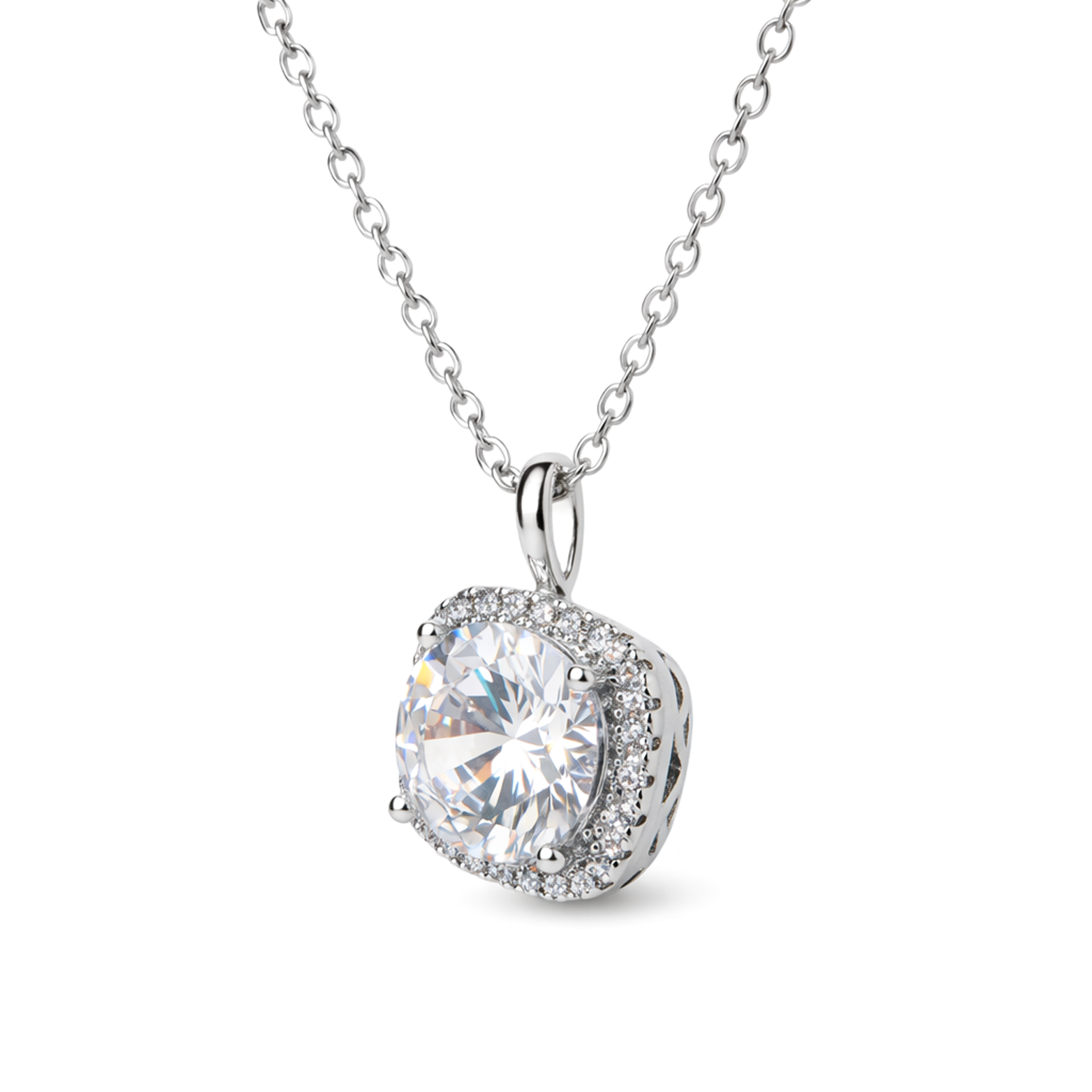 Silver Cushion-Cut Halo Crystal Pendant Set