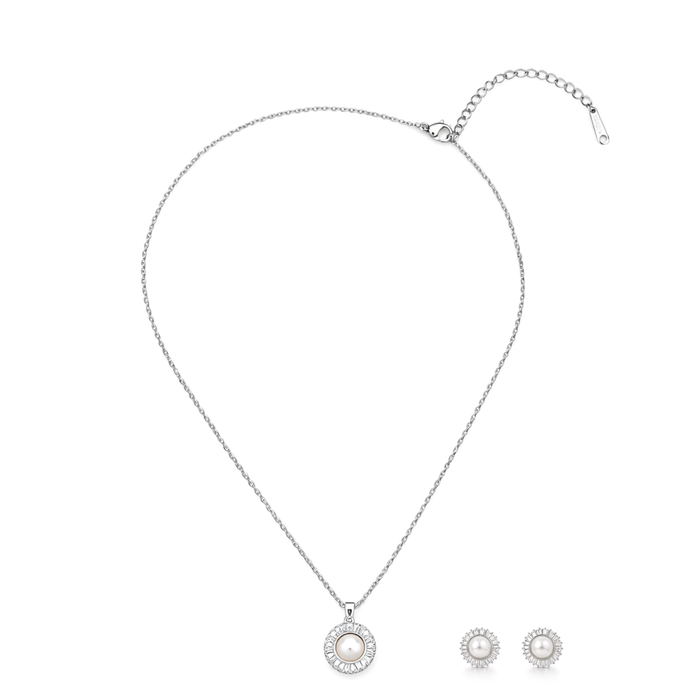 Silver Round Solitaire Halo Pendant Necklace Set