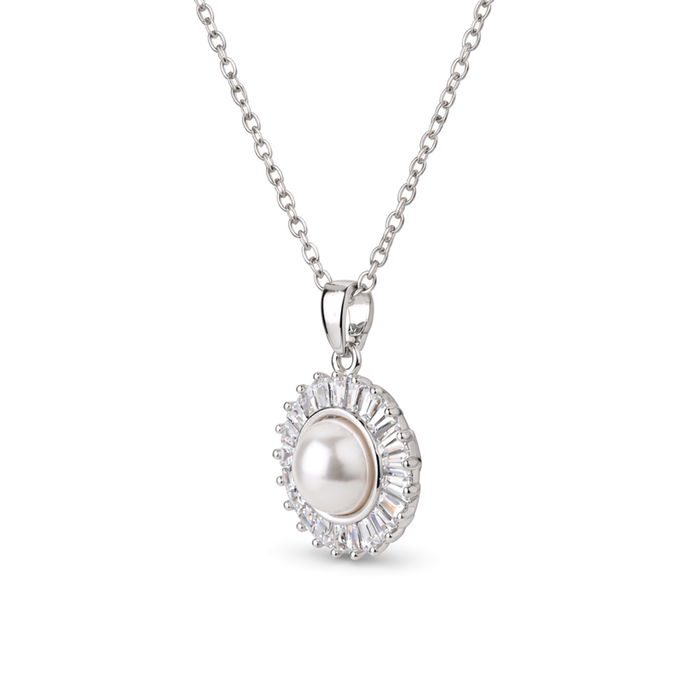 Silver Round Solitaire Halo Pendant Necklace Set